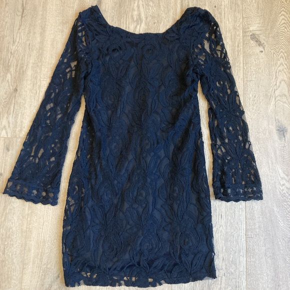 Black Floral Lace Long Sleeve Mini Dress Size X Small Lined Target Cotton Blend - Picture 1 of 10